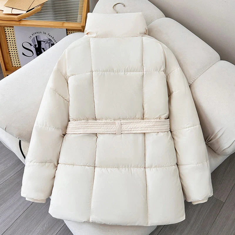 Winter plaid sewing lapel coat with lace-up design for women in black, white, and coffee