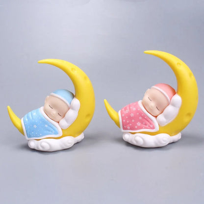 Adorable moon-themed cake toppers with sleeping baby design, perfect for kids' birthday parties and celebrations