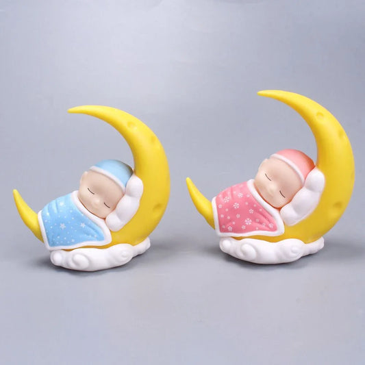 Adorable moon-themed cake toppers with sleeping baby design, perfect for kids' birthday parties and celebrations