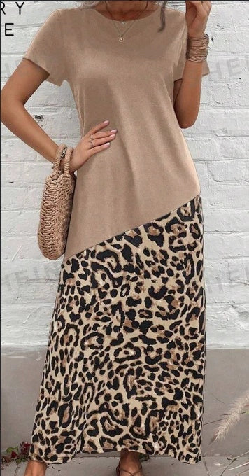 Leopard Print Tee Dress in black and apricot, sizes S to 3XL