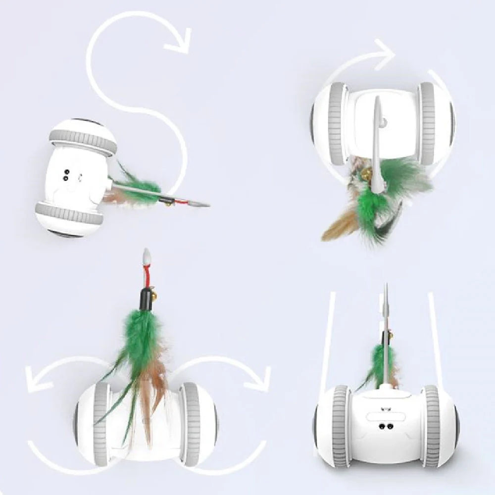 Interactive robotic cat toy with interchangeable feather and plush chick heads
