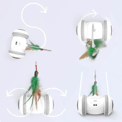 Interactive robotic cat toy with interchangeable feather and plush chick heads