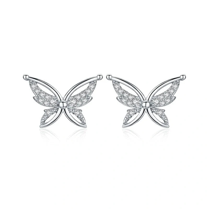 Black butterfly stud earrings with full rhinestone zircon detailing