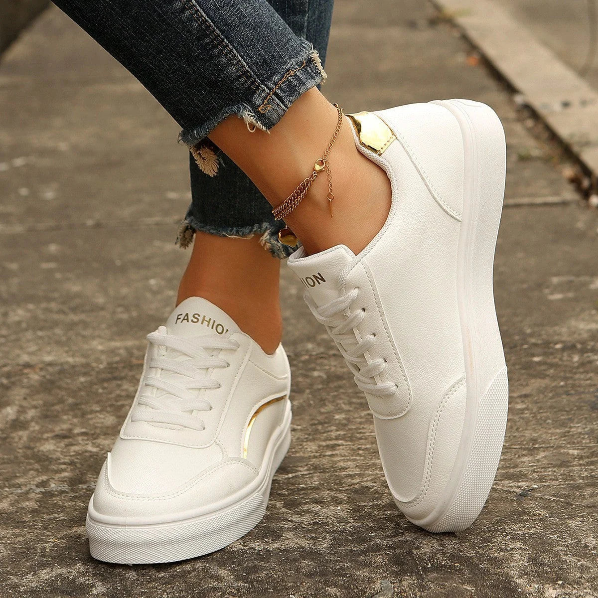 Stylish white lace-up flats for women with thick sole and round toe design