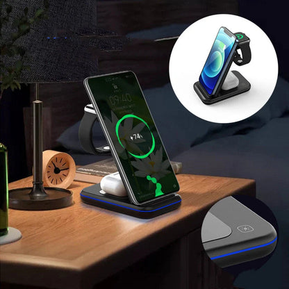 Folding Three-in-one Wireless Charger with smart cooling technology and ergonomic design