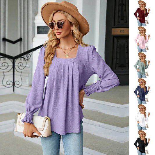 Jacquard pleated square neck T-shirt in various colours