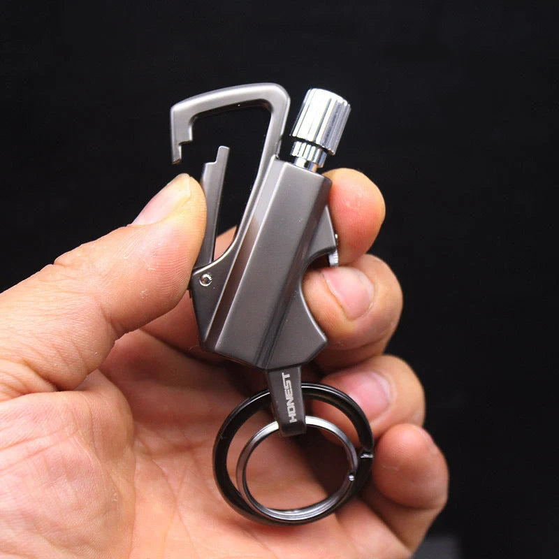 Metal keychain lighter with flint starter and bottle opener in various finishes