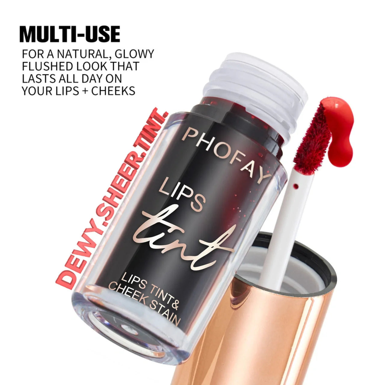 PHOFAY Premium Long-Lasting Lip Tint Collection in various shades and applications