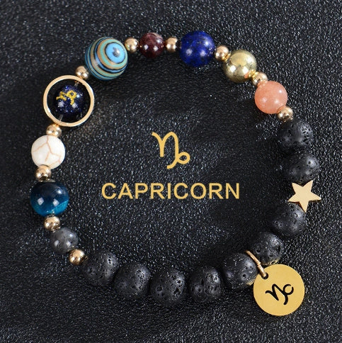 Frosted Stone Beaded Zodiac Bracelet featuring detailed zodiac signs on natural stone beads