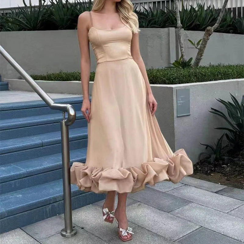 Fashionable chiffon dress with floral design, adjustable straps, and flowing A-line silhouette