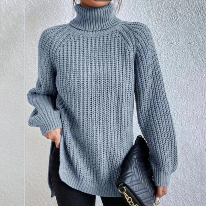 A stylish turtleneck pullover sweater with a unique split design, available in a variety of classic colours and sizes.