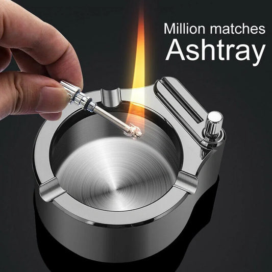 Large metal ashtray with permanent match lighter and cigarette slots