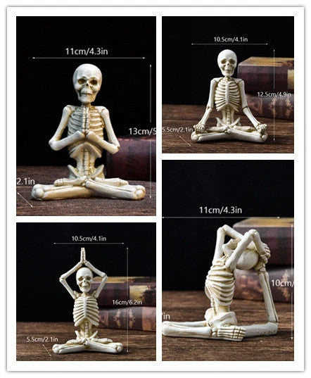 Haunting Halloween desktop ornaments, featuring intricate resin skulls and skeletons in black and vintage white finishes