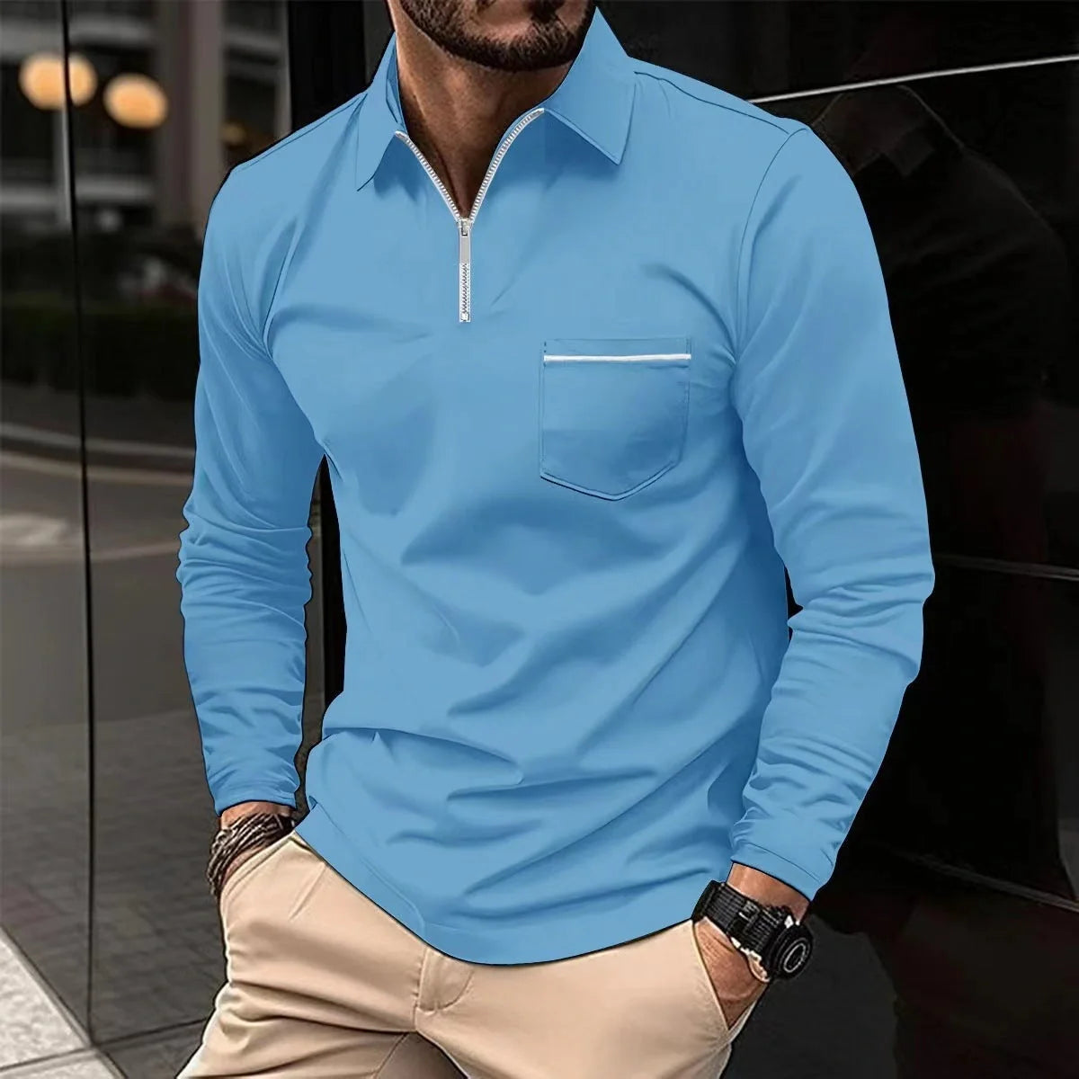 Men's long-sleeved sports polo shirt in various colours for athletic and casual wear