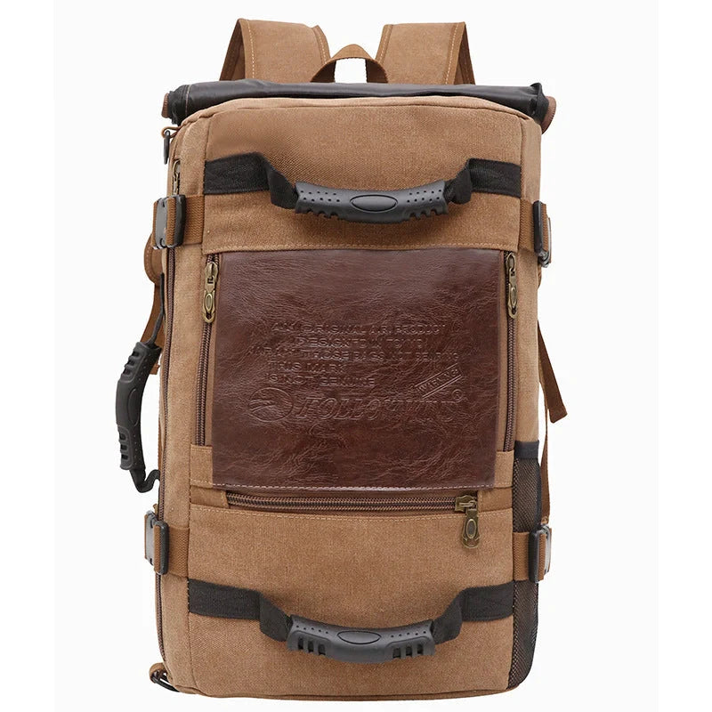 Men's canvas backpack with reinforced handle and multiple pockets