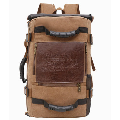 Men's canvas backpack with reinforced handle and multiple pockets