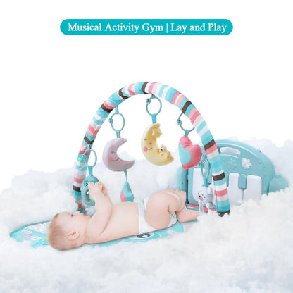 Interactive baby play mat with piano keyboard and bear rattle for sensory development