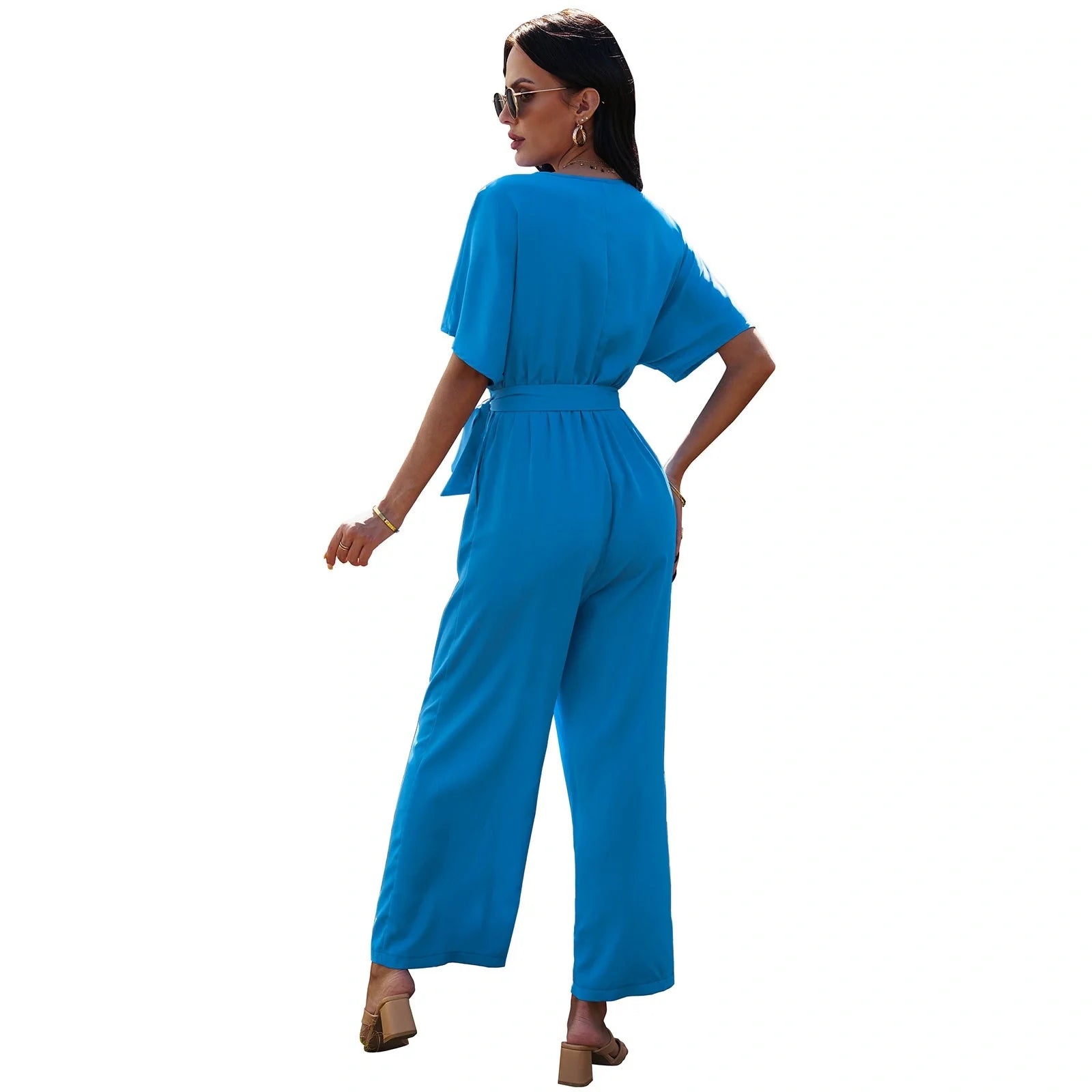 Women's V-neck tie waist jumpsuit in solid colours for summer wear