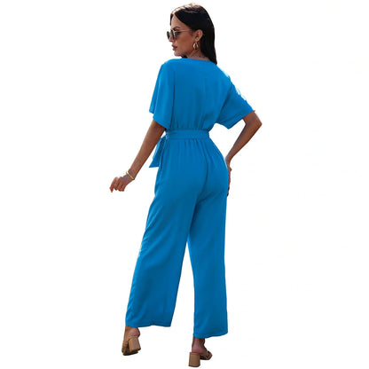 Women's V-neck tie waist jumpsuit in solid colours for summer wear