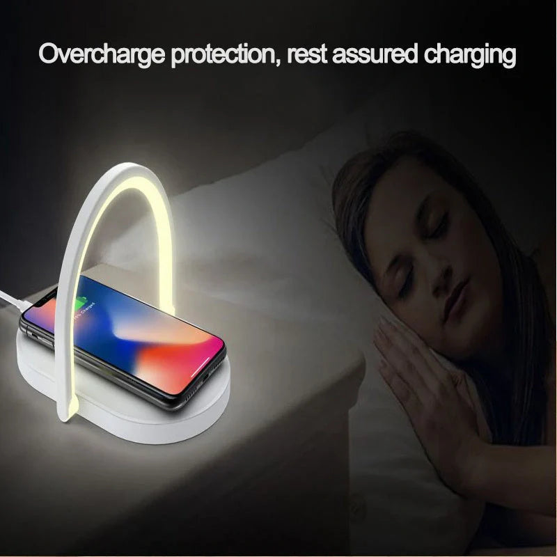 Foldable Wireless Charger with adjustable LED night light in white, black, green, and wood grain
