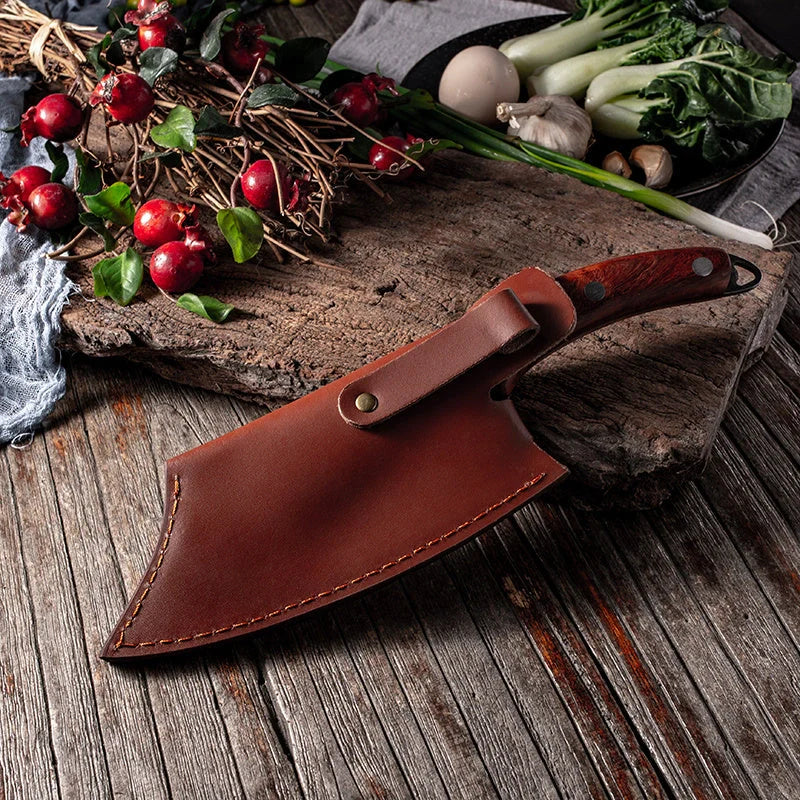 Premium forged picnic knife with leather sheath and solid wood handle