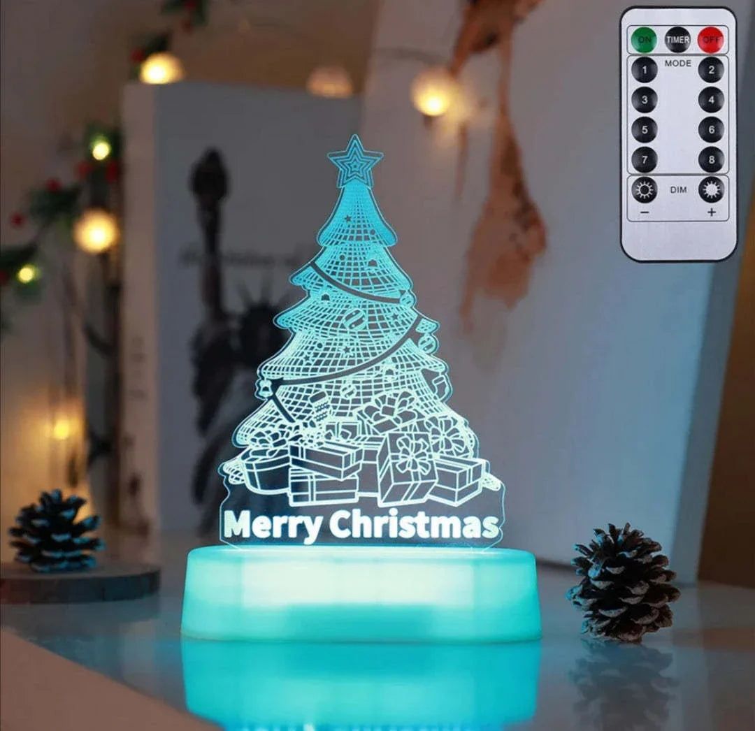 3D acrylic Christmas lights with various holiday-themed designs, including Christmas trees, elks, and Christmas dwarfs, providing warm, ambient lighting.