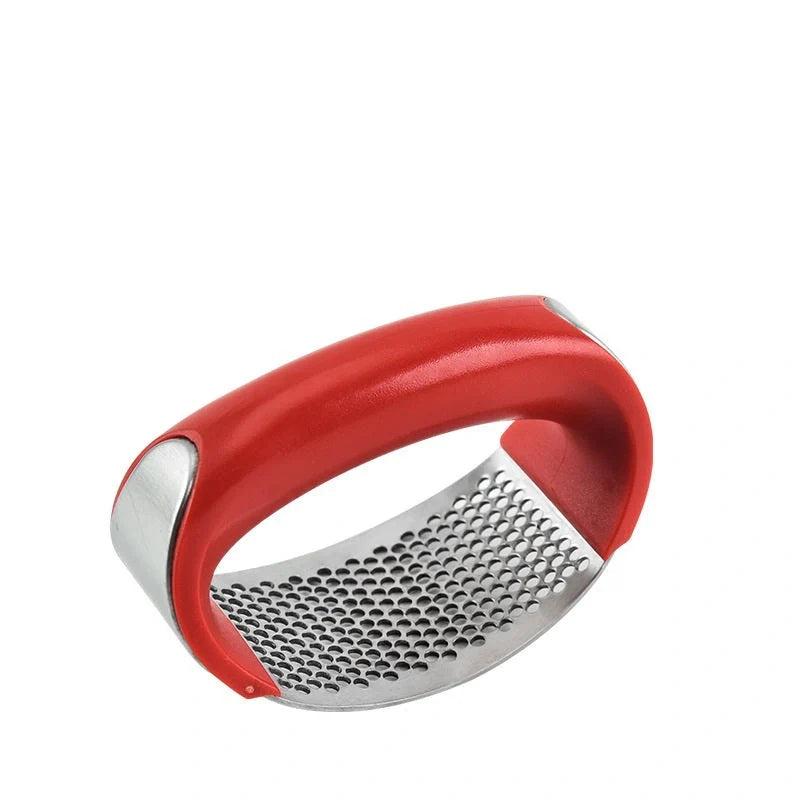 Stainless steel garlic press with ergonomic handle for easy mashing