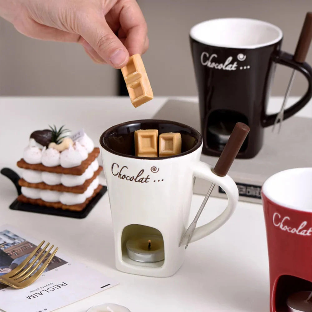 Ceramic fondue set with individual pots for making chocolate, cheese or ice cream fondues at home