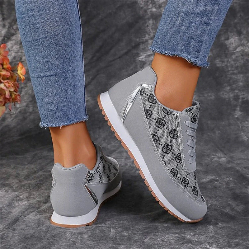 Women's floral print lace-up sneakers in grey and camel colours