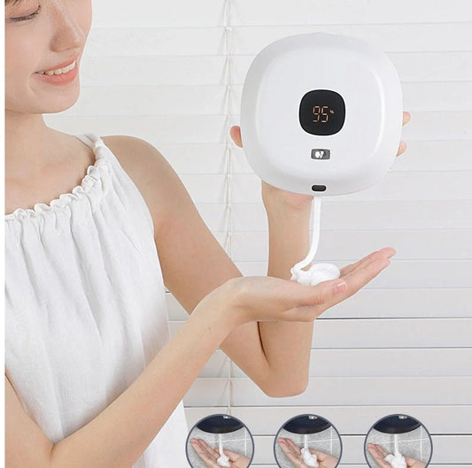 Smart sensor wall-mounted soap dispenser in white and blue, featuring contactless operation and temperature sensing
