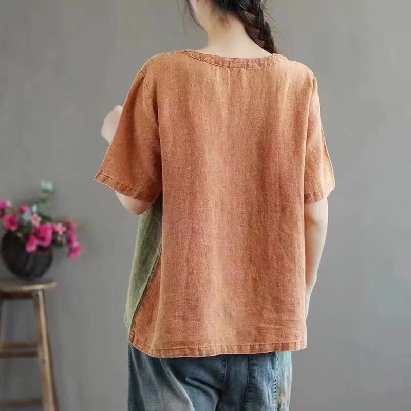 Women's cotton linen artistic contrast colour t-shirt for casual wear