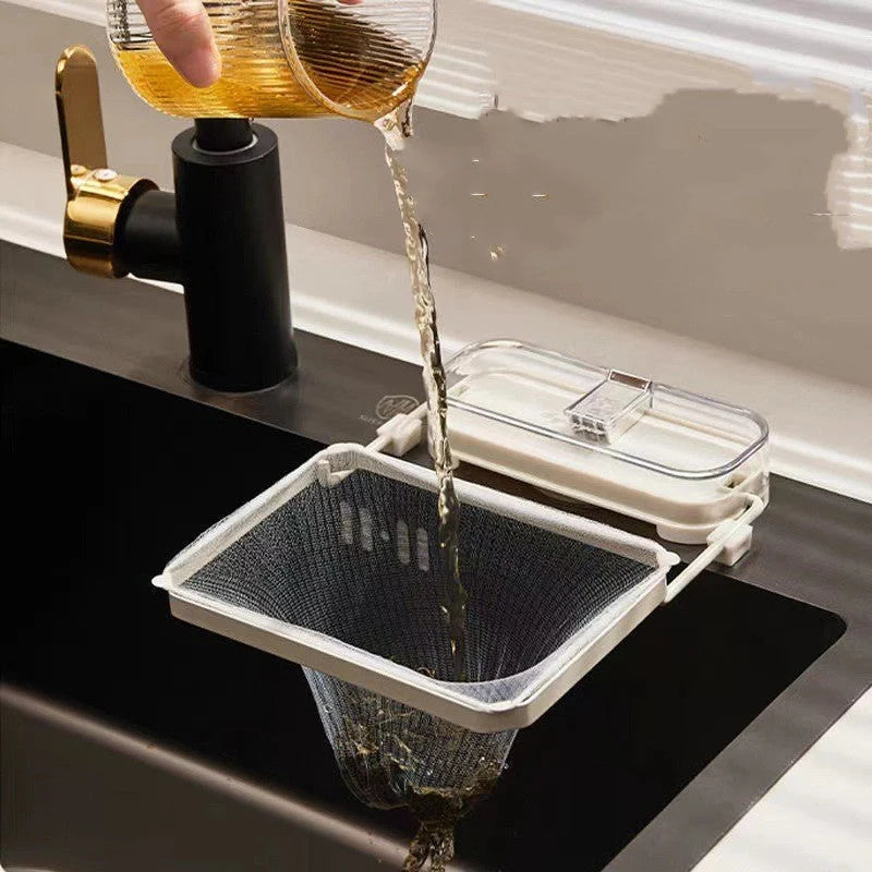 Kitchen sink filter rack with fine mesh and removable suction cups for efficient waste management