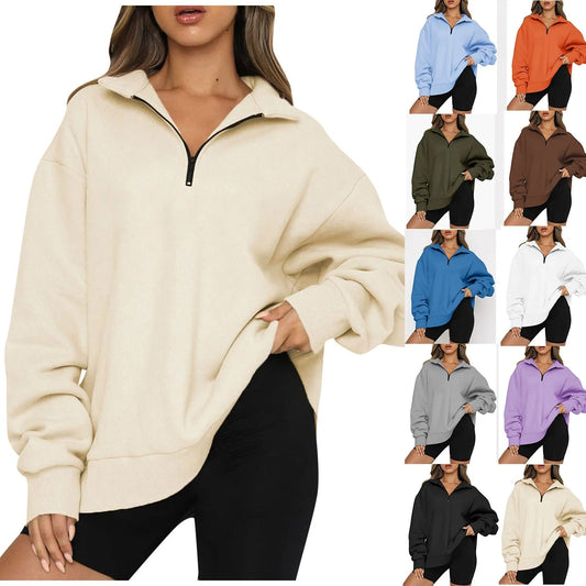 Women's zip turndown collar loose casual sweatshirt in various colours