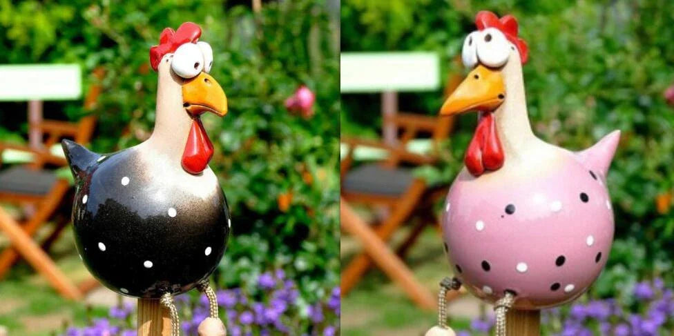 Charming resin chicken ornaments in various colours and set sizes, perfect for adding whimsical British-inspired decor to gardens and outdoor spaces.