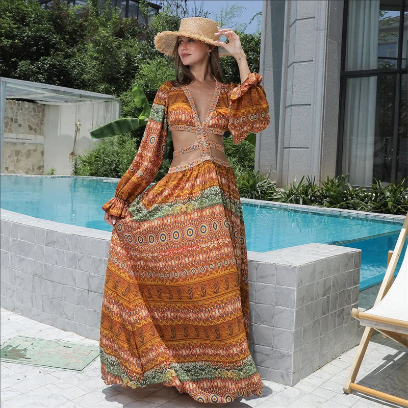 Elegant Women's Floral Long Sleeve Dress in vibrant orange, perfect for spring and summer occasions.