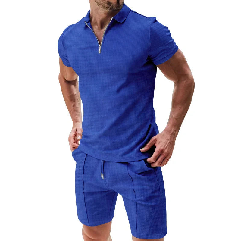 Men's summer waffle suit set with zipper lapel and drawstring shorts in various colours