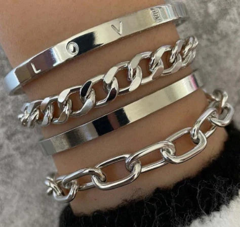 Simple and Elegant C-Shaped Hollow Chain Bracelet Set in Gold and Silver