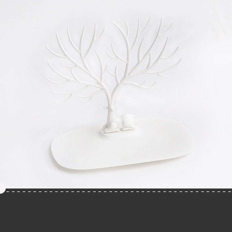 Deer Antler Jewelry Stand in white and black, displaying necklaces and earrings