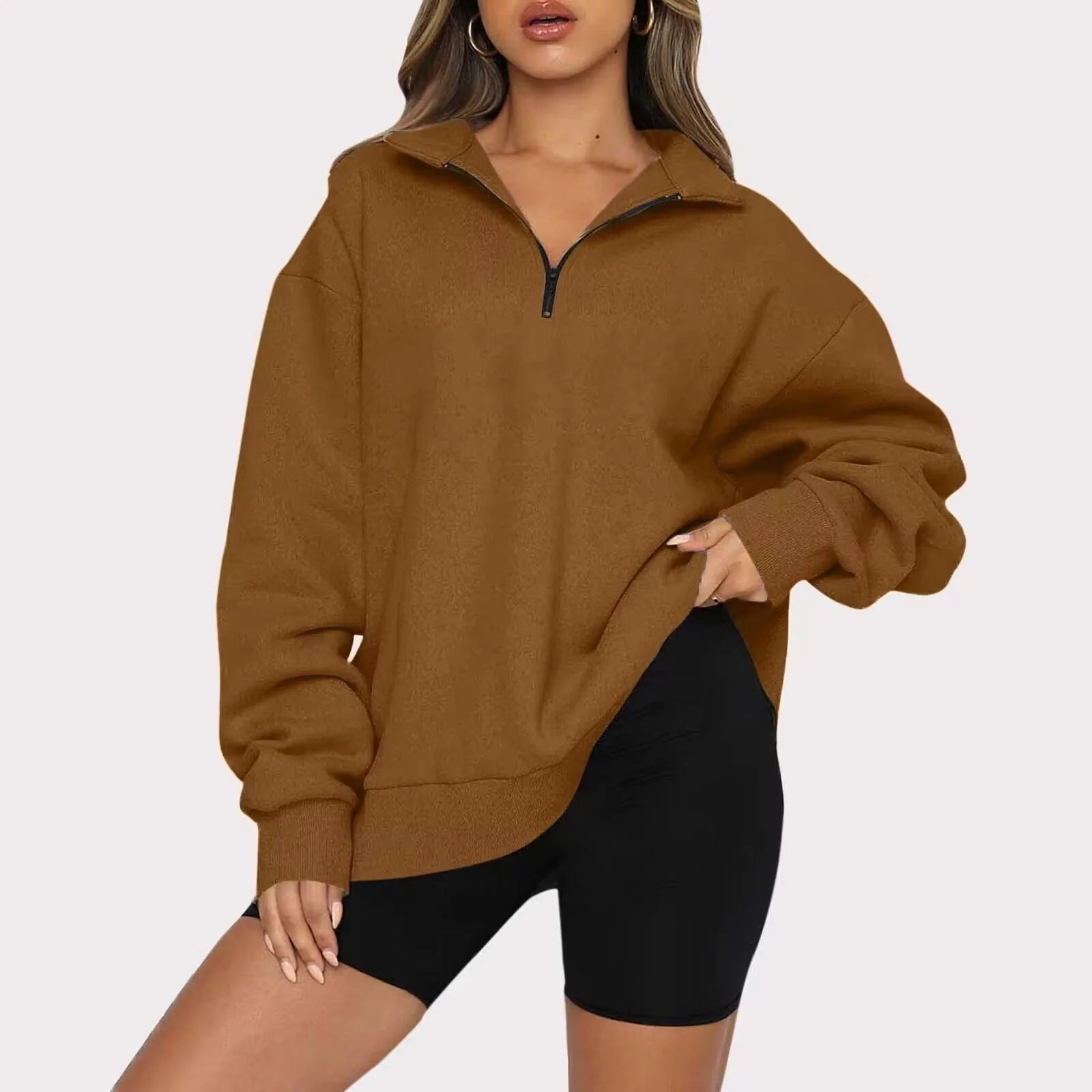 Women's zip turndown collar loose casual sweatshirt in various colours