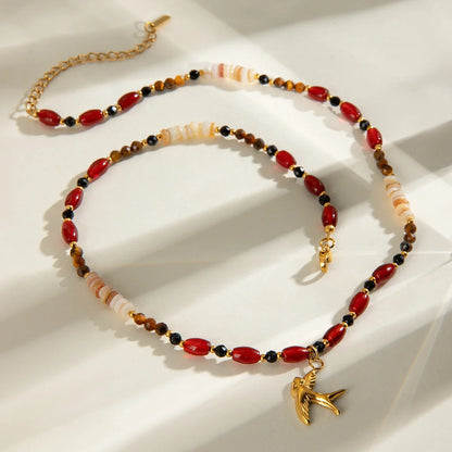 Elegant Tiger Eye Bead Necklace with Bird Pendant for women