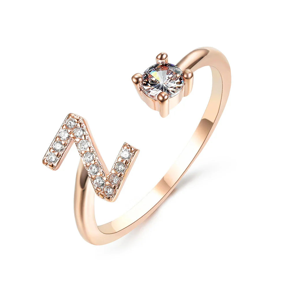 Customizable adjustable ring with 26 letters for women, featuring zircon stones and copper alloy construction