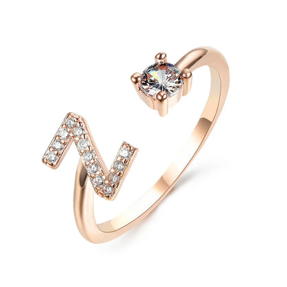 Customizable adjustable ring with 26 letters for women, featuring zircon stones and copper alloy construction