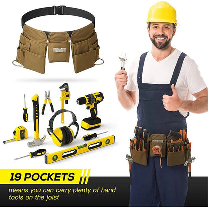 Adjustable tool belt made from durable 900D Oxford cloth with 19 pockets and 20 kg capacity, available in khaki and pink colours