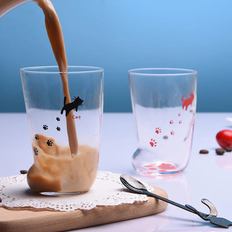 Heat-resistant glass cat paws mug with frosted texture, 300ml capacity