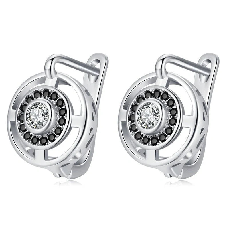 Black round zircon-studded copper earrings for women with secure fastening