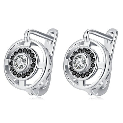 Black round zircon-studded copper earrings for women with secure fastening