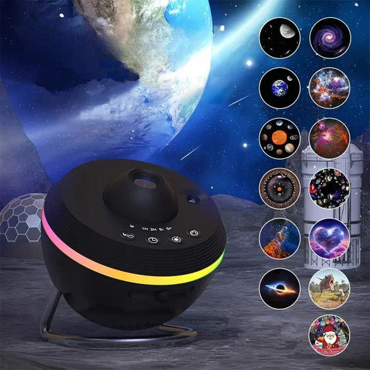 A dynamic galaxy projector that transforms any space into a captivating celestial display with 13 stunning film effects, motorized rotation, and adjustable color modes.