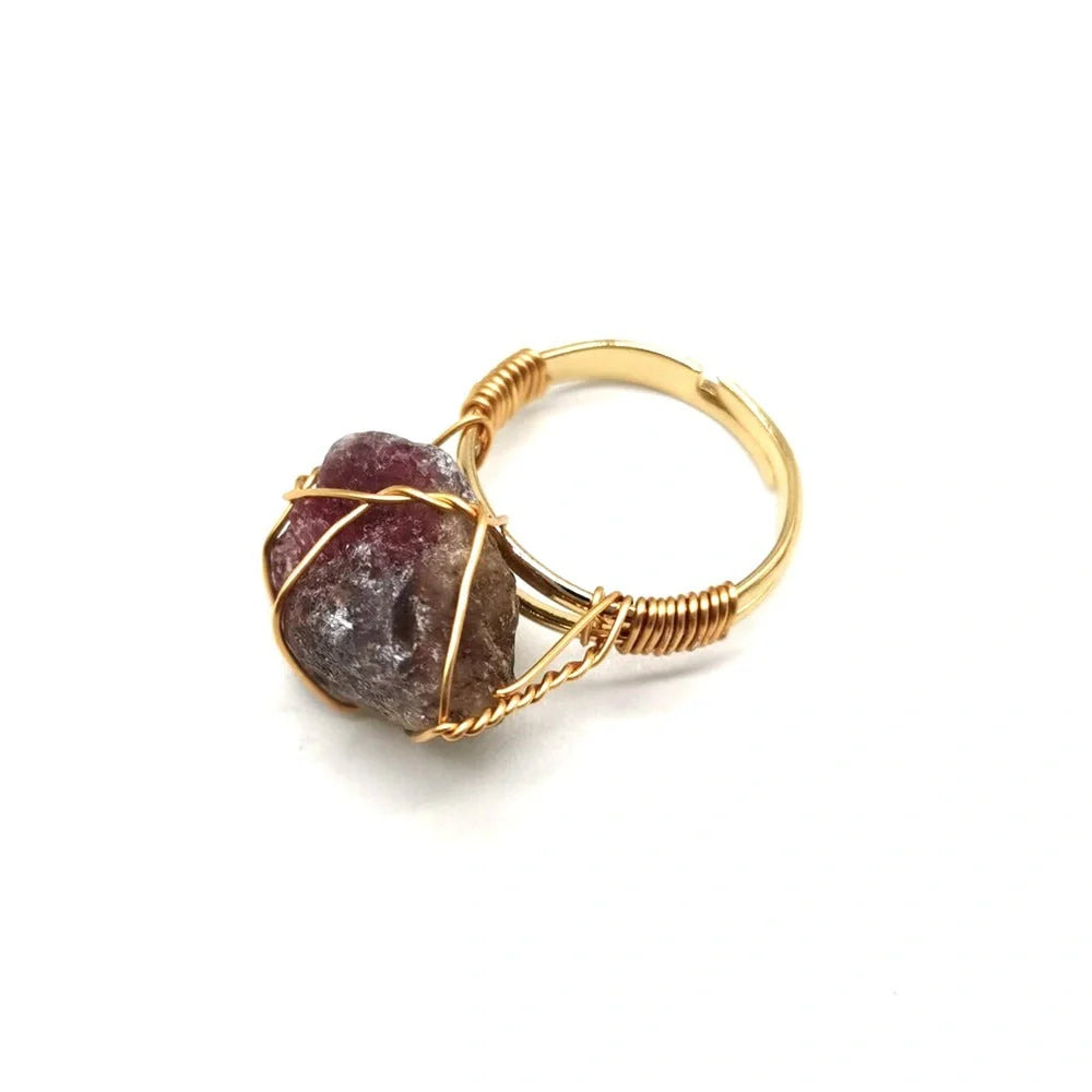 Handcrafted agate stone ring featuring an array of natural gemstones in various colours, with an adjustable design for a customized fit.