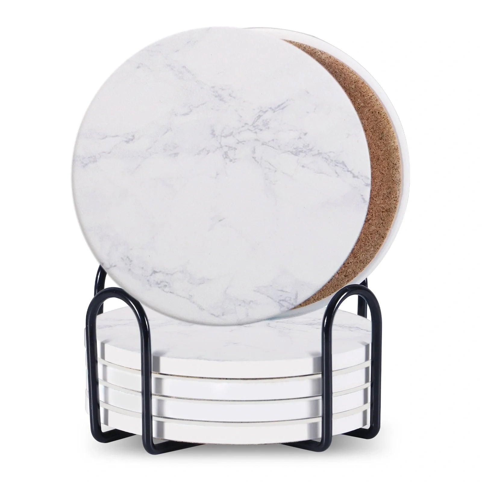 Set of 6 ceramic beverage coasters with metal stand and cork base, elegant and practical.