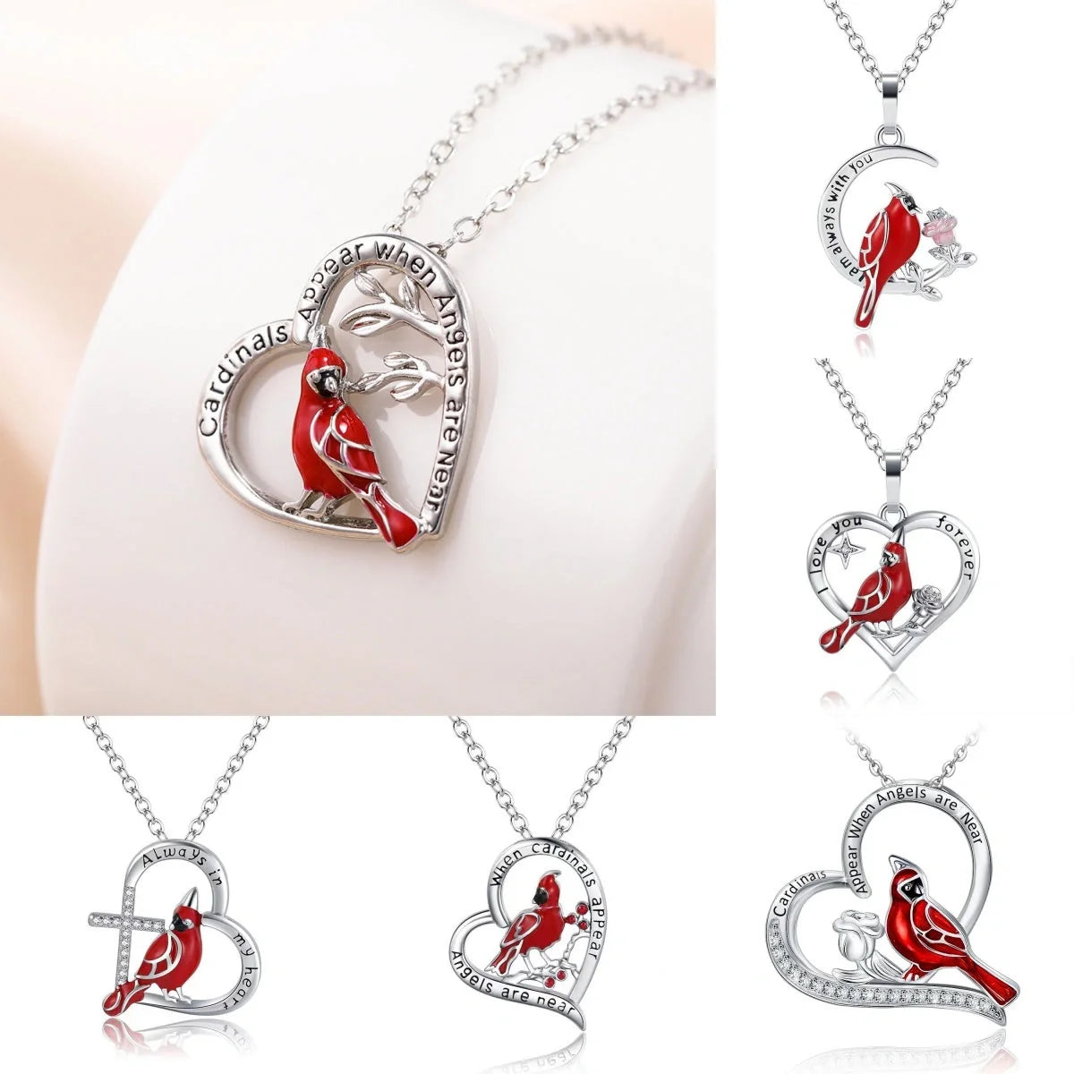 Heart-shaped cardinal pendant necklace in silver, unisex animal model jewellery